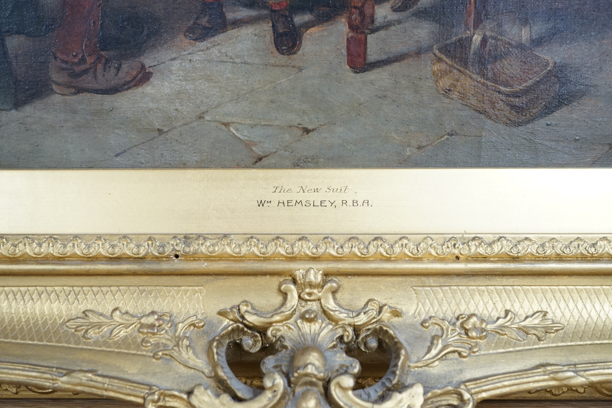 William Hemsley RBA (1819-1906), oil on canvas, 'The New Suit', signed, 35 x 41cm, ornate gilt frame. Condition - good